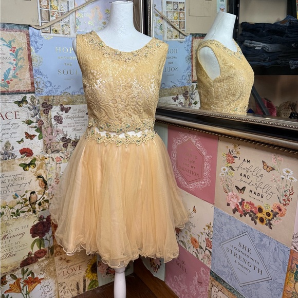 Chic Gold Lace Midi Dress - Picture 2 of 12